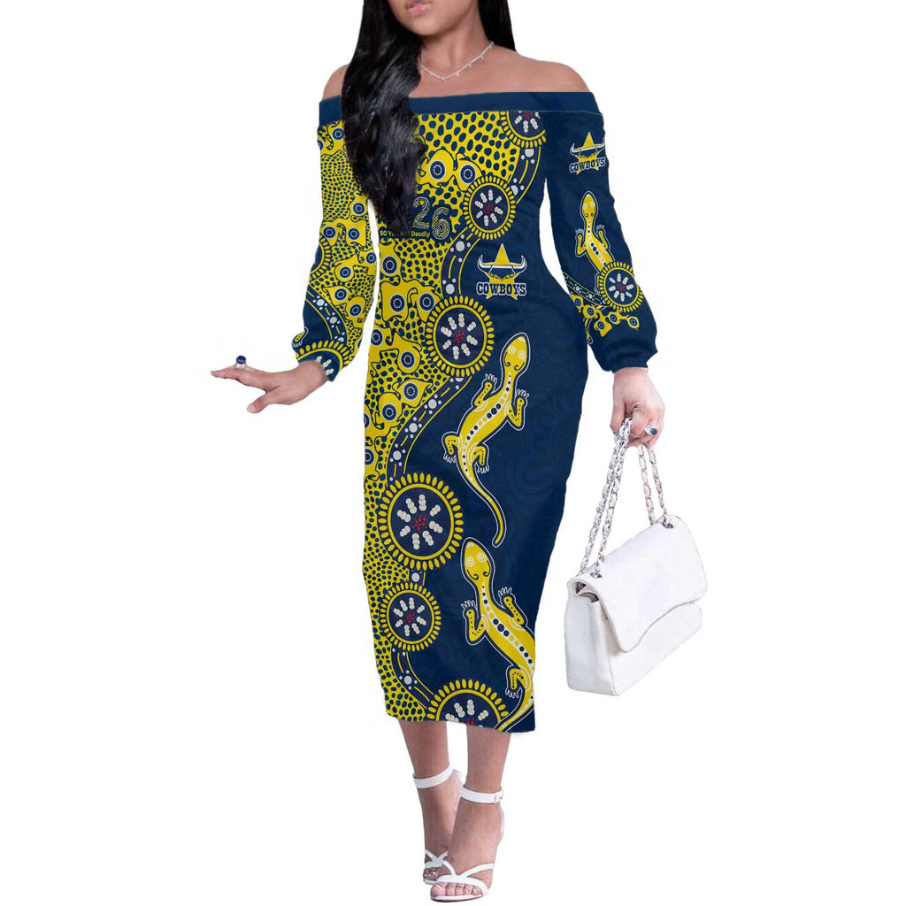 North Queensland Cowboys NAIDOC Week 2026 Off The Shoulder Long Sleeve Dress Aboriginal Lizard Dot Painting - 50 Years of Deadly