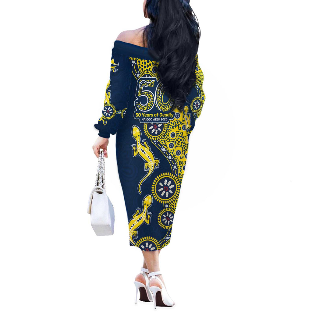 North Queensland Cowboys NAIDOC Week 2026 Off The Shoulder Long Sleeve Dress Aboriginal Lizard Dot Painting - 50 Years of Deadly