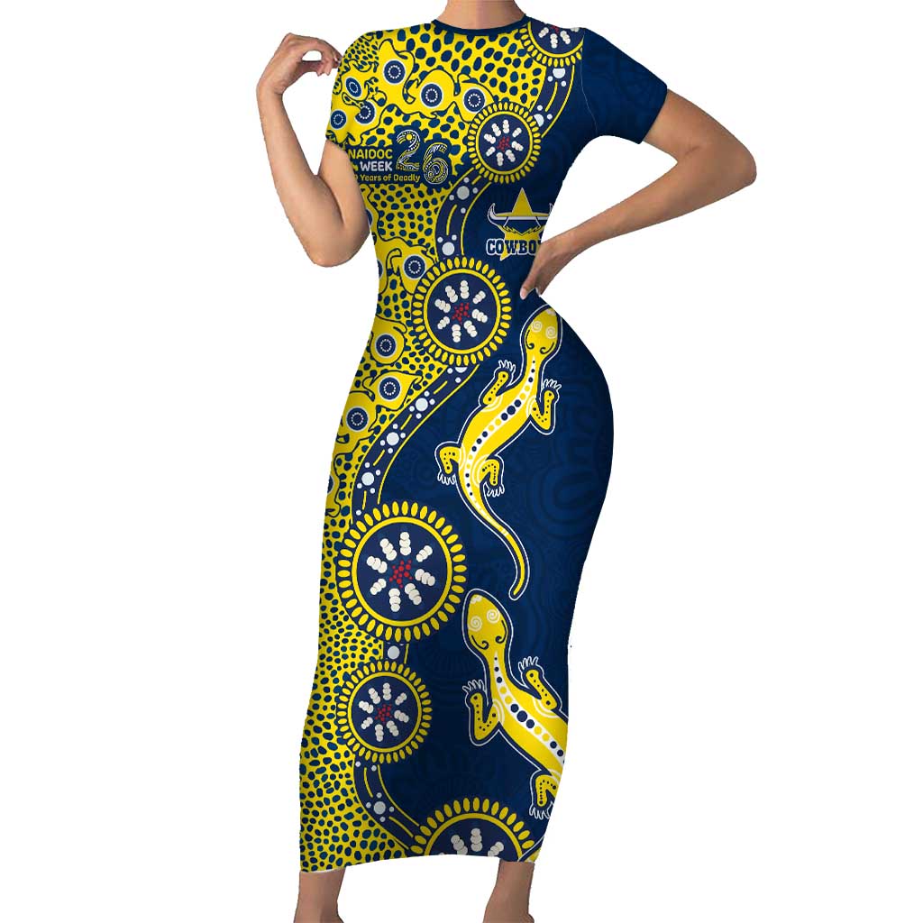 North Queensland Cowboys NAIDOC Week 2026 Short Sleeve Bodycon Dress Aboriginal Lizard Dot Painting - 50 Years of Deadly