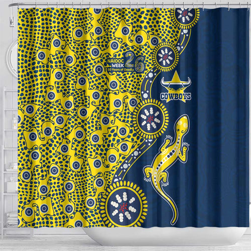 North Queensland Cowboys NAIDOC Week 2026 Shower Curtain Aboriginal Lizard Dot Painting - 50 Years of Deadly