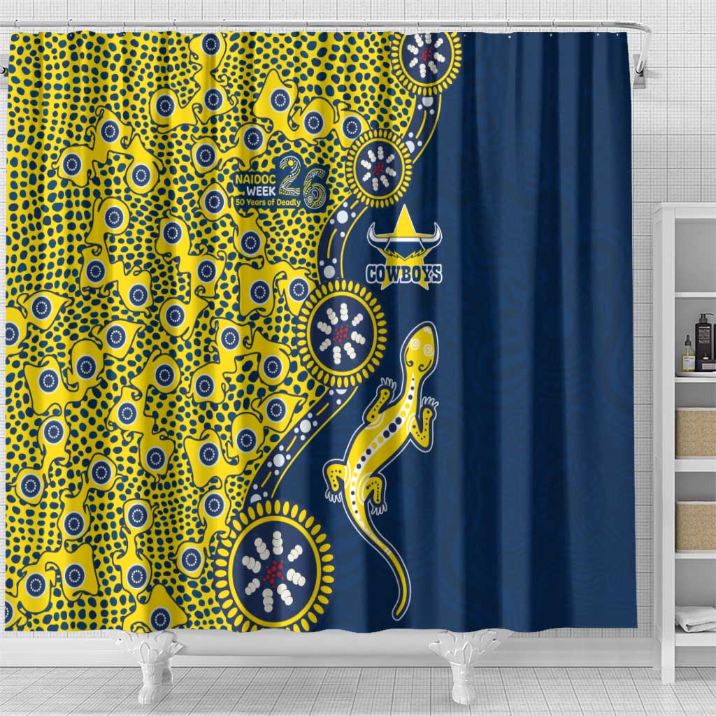 North Queensland Cowboys NAIDOC Week 2026 Shower Curtain Aboriginal Lizard Dot Painting - 50 Years of Deadly