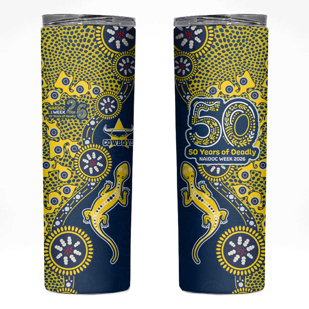 North Queensland Cowboys NAIDOC Week 2026 Skinny Tumbler Aboriginal Lizard Dot Painting - 50 Years of Deadly