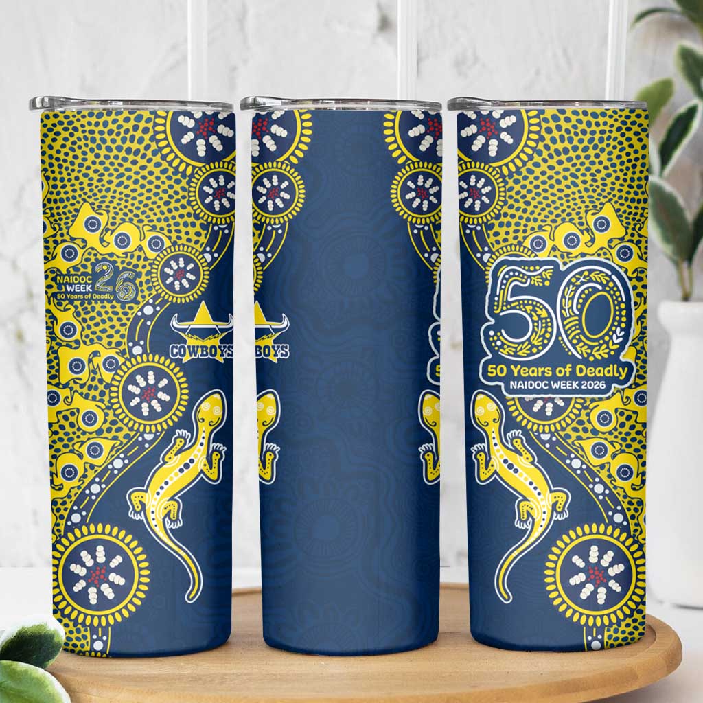 North Queensland Cowboys NAIDOC Week 2026 Skinny Tumbler Aboriginal Lizard Dot Painting - 50 Years of Deadly