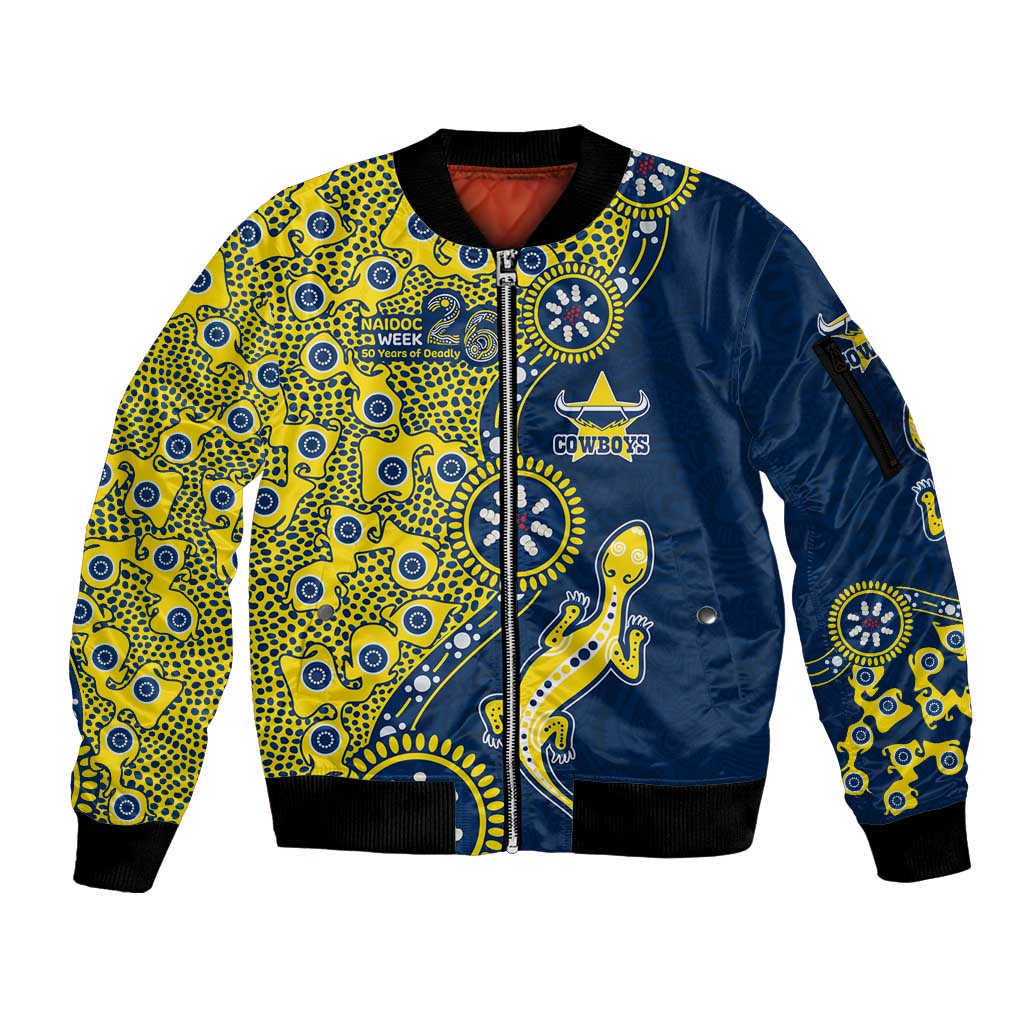 North Queensland Cowboys NAIDOC Week 2026 Sleeve Zip Bomber Jacket Aboriginal Lizard Dot Painting - 50 Years of Deadly