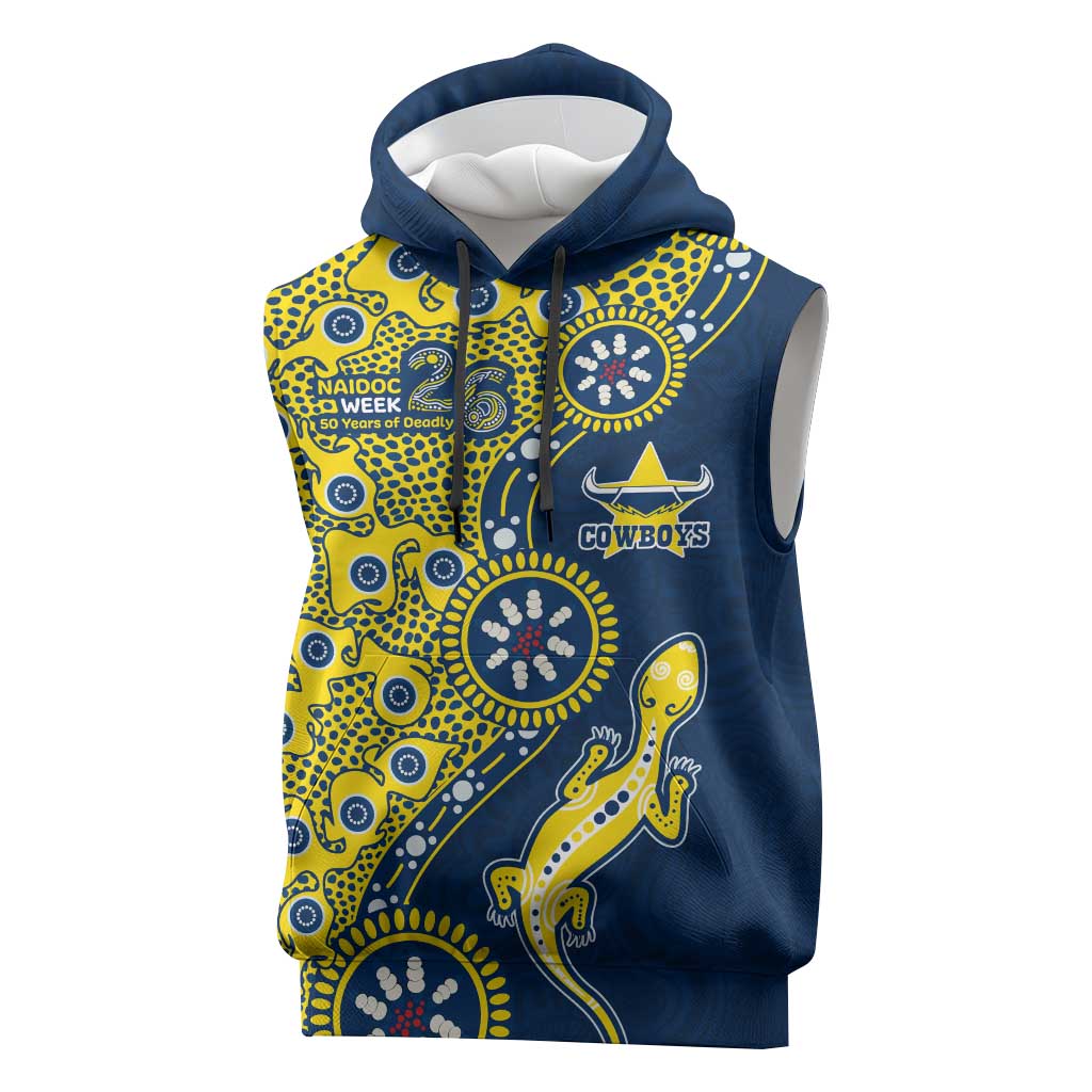 North Queensland Cowboys NAIDOC Week 2026 Sleeveless Hoodie Aboriginal Lizard Dot Painting - 50 Years of Deadly