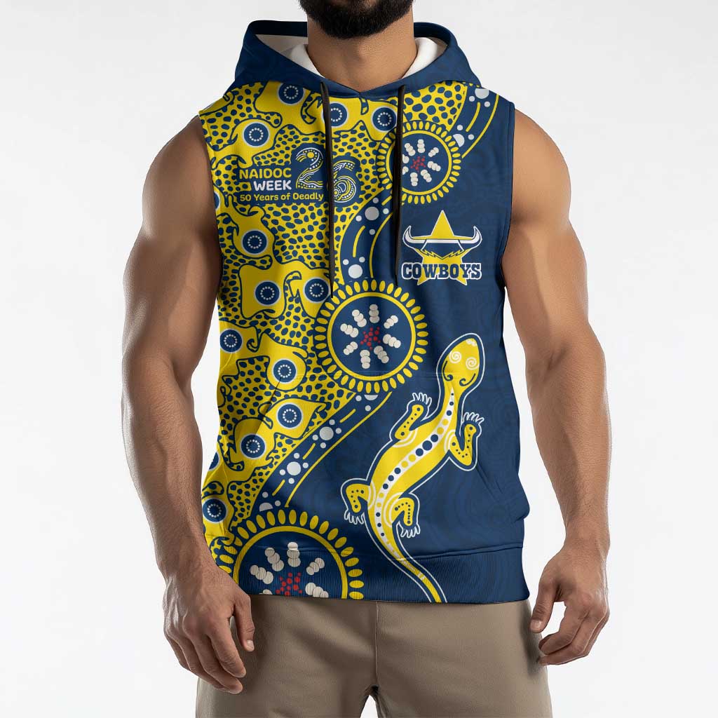 North Queensland Cowboys NAIDOC Week 2026 Sleeveless Hoodie Aboriginal Lizard Dot Painting - 50 Years of Deadly