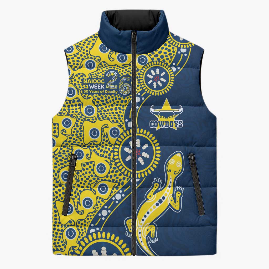 North Queensland Cowboys NAIDOC Week 2026 Sleeveless Puffer Jacket Aboriginal Lizard Dot Painting - 50 Years of Deadly