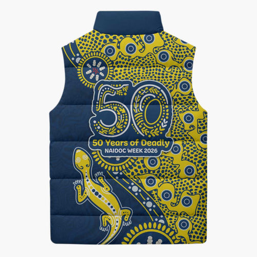 North Queensland Cowboys NAIDOC Week 2026 Sleeveless Puffer Jacket Aboriginal Lizard Dot Painting - 50 Years of Deadly
