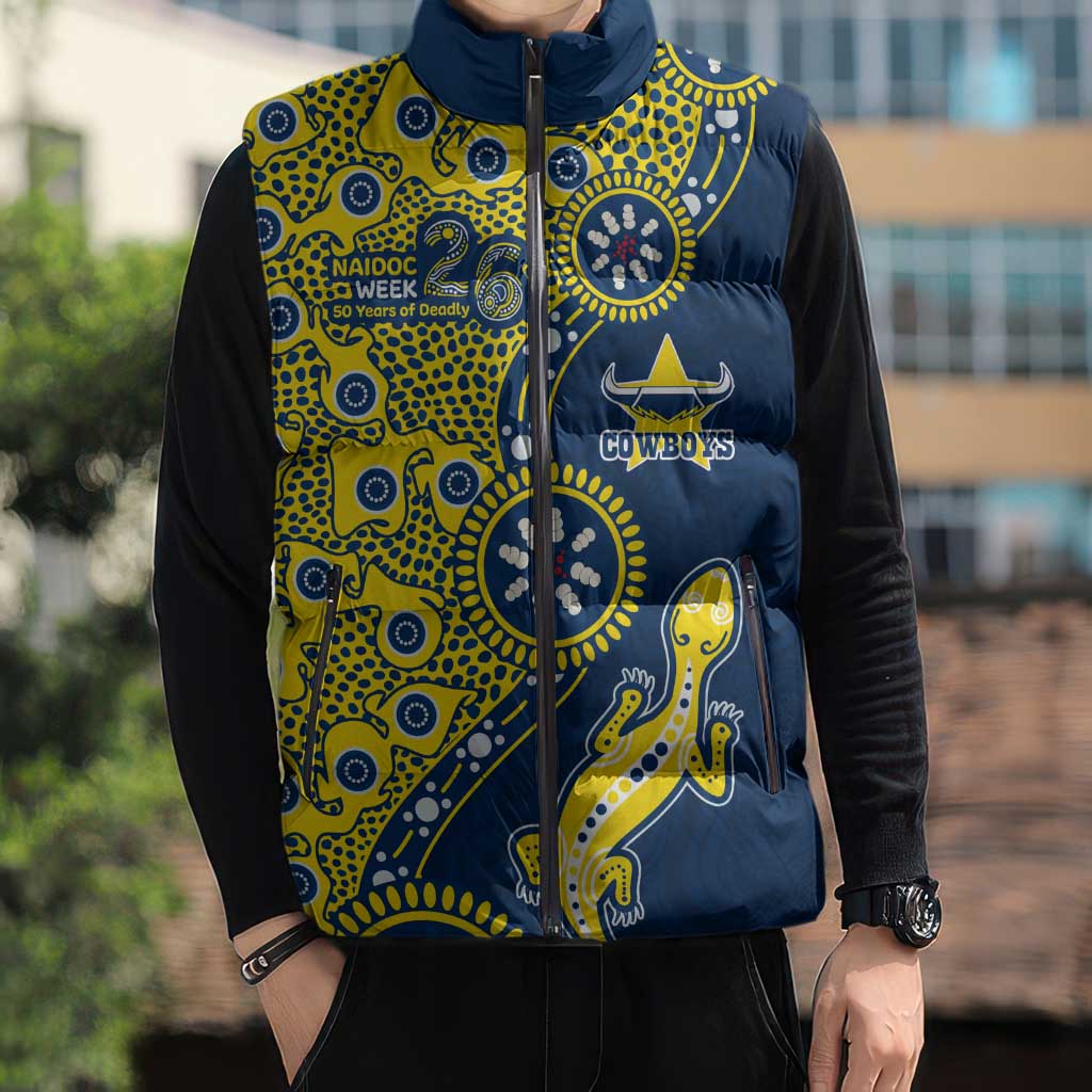 North Queensland Cowboys NAIDOC Week 2026 Sleeveless Puffer Jacket Aboriginal Lizard Dot Painting - 50 Years of Deadly