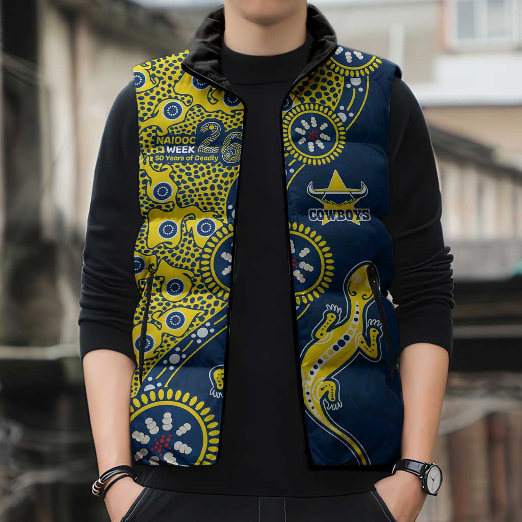 North Queensland Cowboys NAIDOC Week 2026 Sleeveless Puffer Jacket Aboriginal Lizard Dot Painting - 50 Years of Deadly