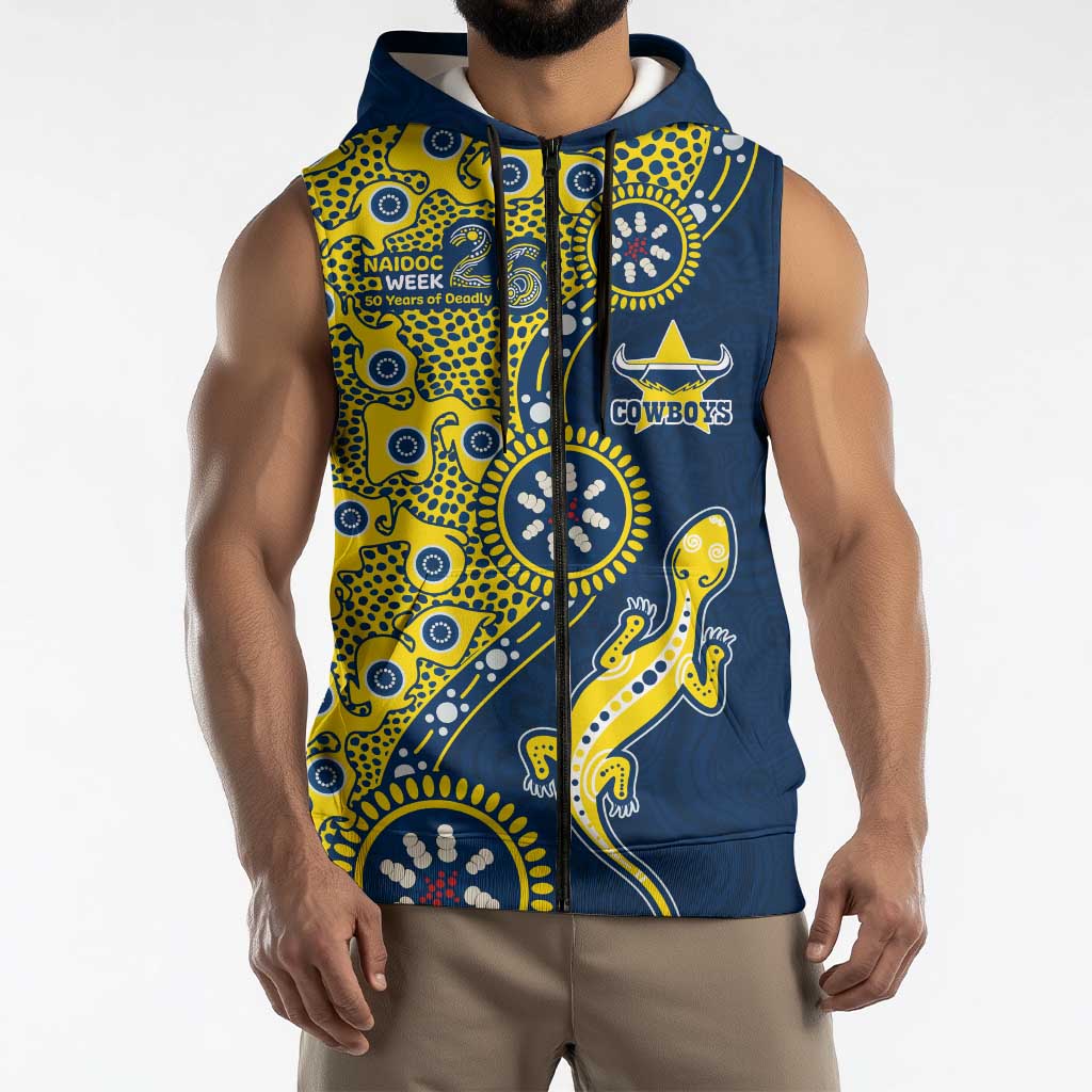 North Queensland Cowboys NAIDOC Week 2026 Sleeveless Zip Hoodie Aboriginal Lizard Dot Painting - 50 Years of Deadly