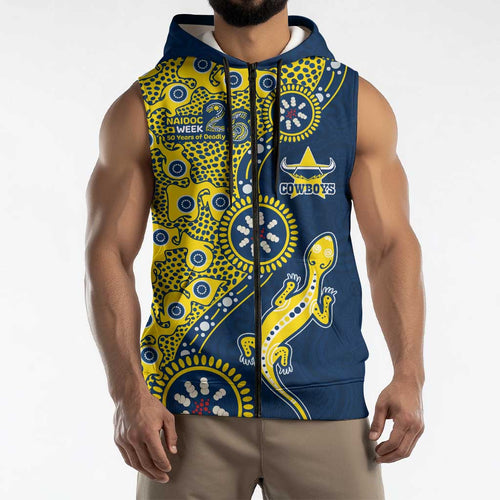 North Queensland Cowboys NAIDOC Week 2026 Sleeveless Zip Hoodie Aboriginal Lizard Dot Painting - 50 Years of Deadly
