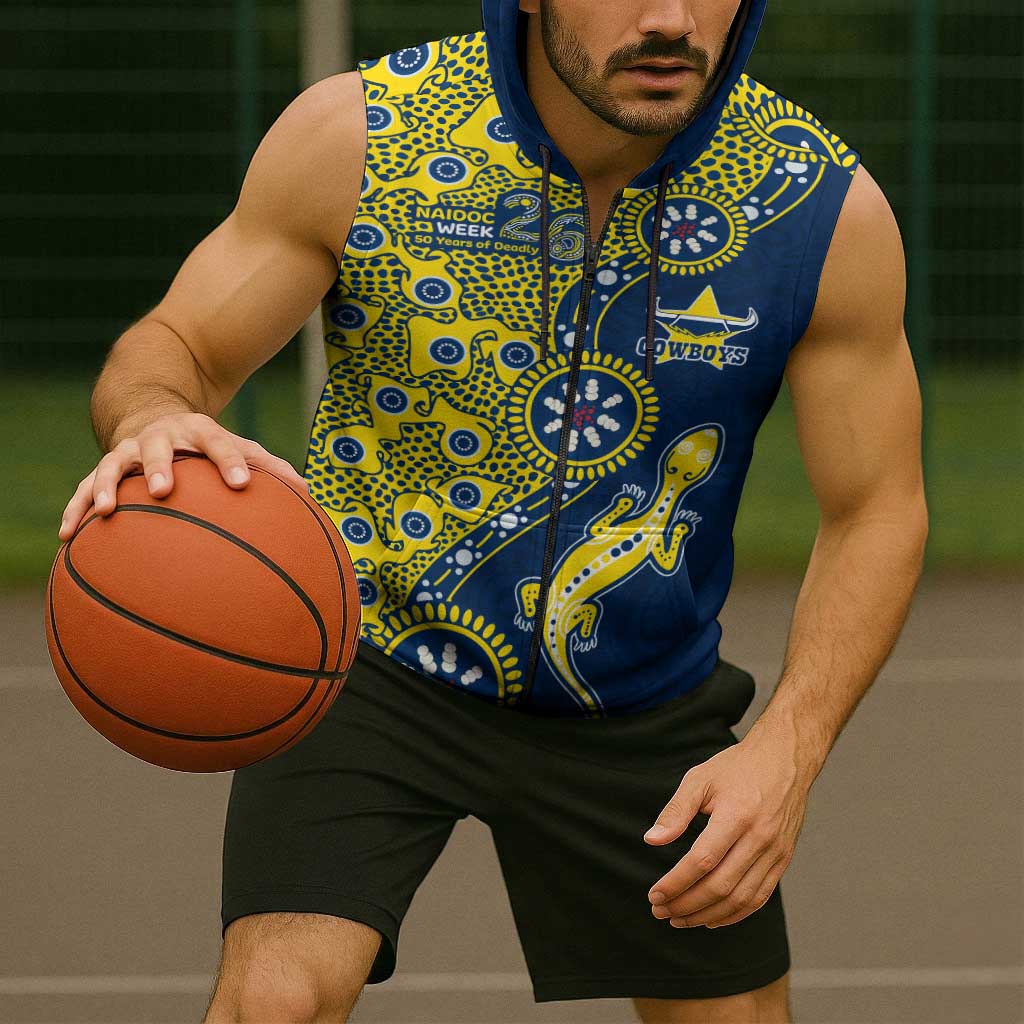 North Queensland Cowboys NAIDOC Week 2026 Sleeveless Zip Hoodie Aboriginal Lizard Dot Painting - 50 Years of Deadly