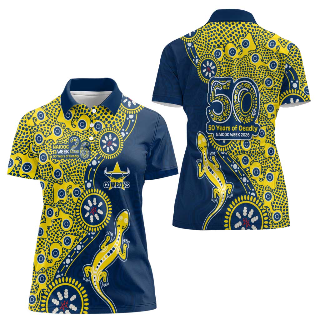 North Queensland Cowboys NAIDOC Week 2026 Women Polo Shirt Aboriginal Lizard Dot Painting - 50 Years of Deadly
