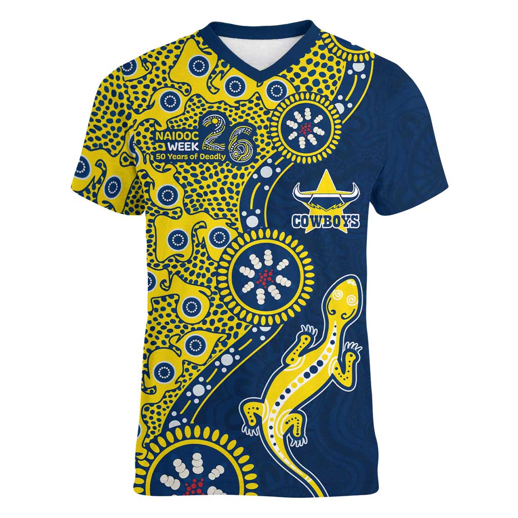 North Queensland Cowboys NAIDOC Week 2026 Women V-Neck T-Shirt Aboriginal Lizard Dot Painting - 50 Years of Deadly