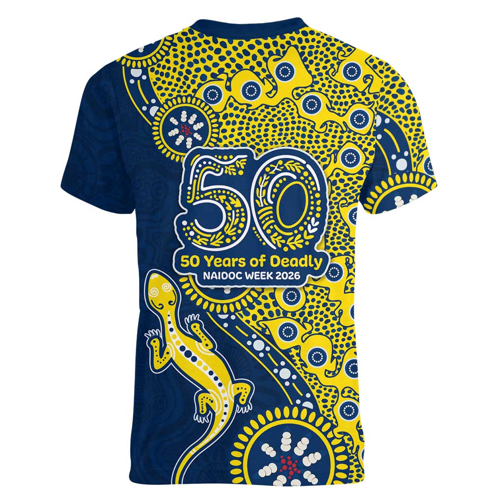 North Queensland Cowboys NAIDOC Week 2026 Women V-Neck T-Shirt Aboriginal Lizard Dot Painting - 50 Years of Deadly