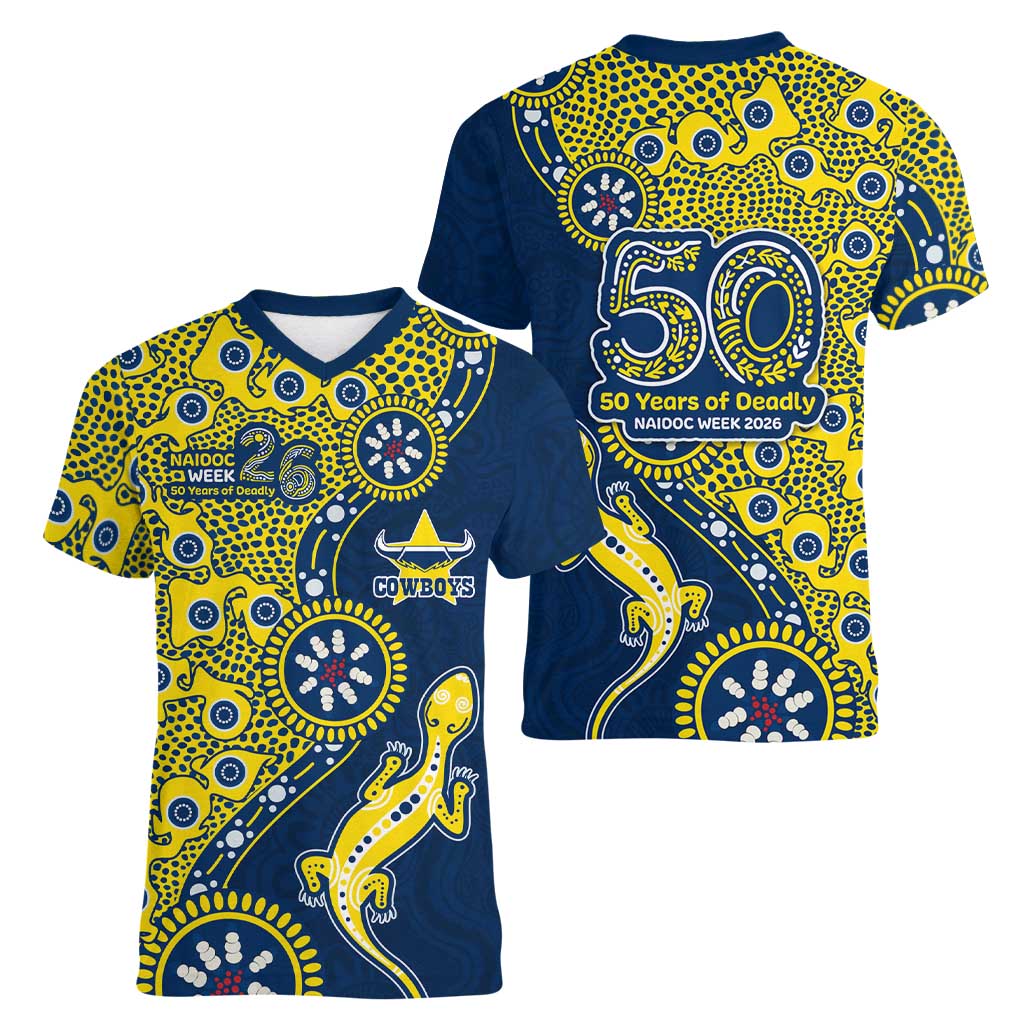 North Queensland Cowboys NAIDOC Week 2026 Women V-Neck T-Shirt Aboriginal Lizard Dot Painting - 50 Years of Deadly