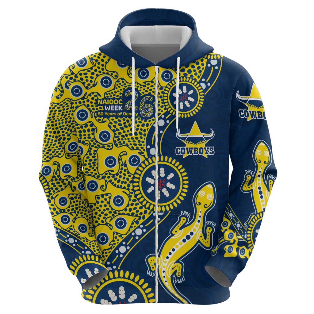 North Queensland Cowboys NAIDOC Week 2026 Zip Hoodie Aboriginal Lizard Dot Painting - 50 Years of Deadly
