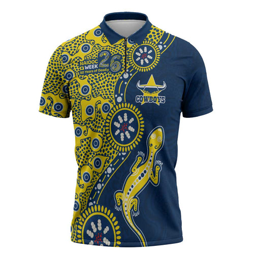 North Queensland Cowboys NAIDOC Week 2026 Zipper Polo Shirt Aboriginal Lizard Dot Painting - 50 Years of Deadly