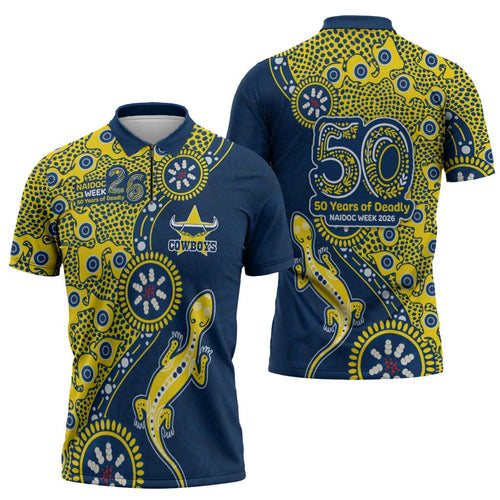 North Queensland Cowboys NAIDOC Week 2026 Zipper Polo Shirt Aboriginal Lizard Dot Painting - 50 Years of Deadly