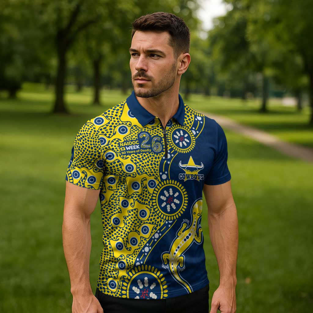 North Queensland Cowboys NAIDOC Week 2026 Zipper Polo Shirt Aboriginal Lizard Dot Painting - 50 Years of Deadly
