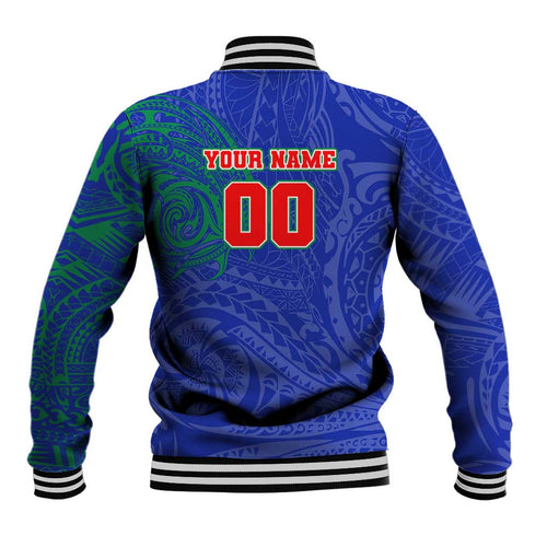 Personalized New Zealand Warriors Baseball Jacket Polynesian Tribal Chest and Sleeve Tattoo