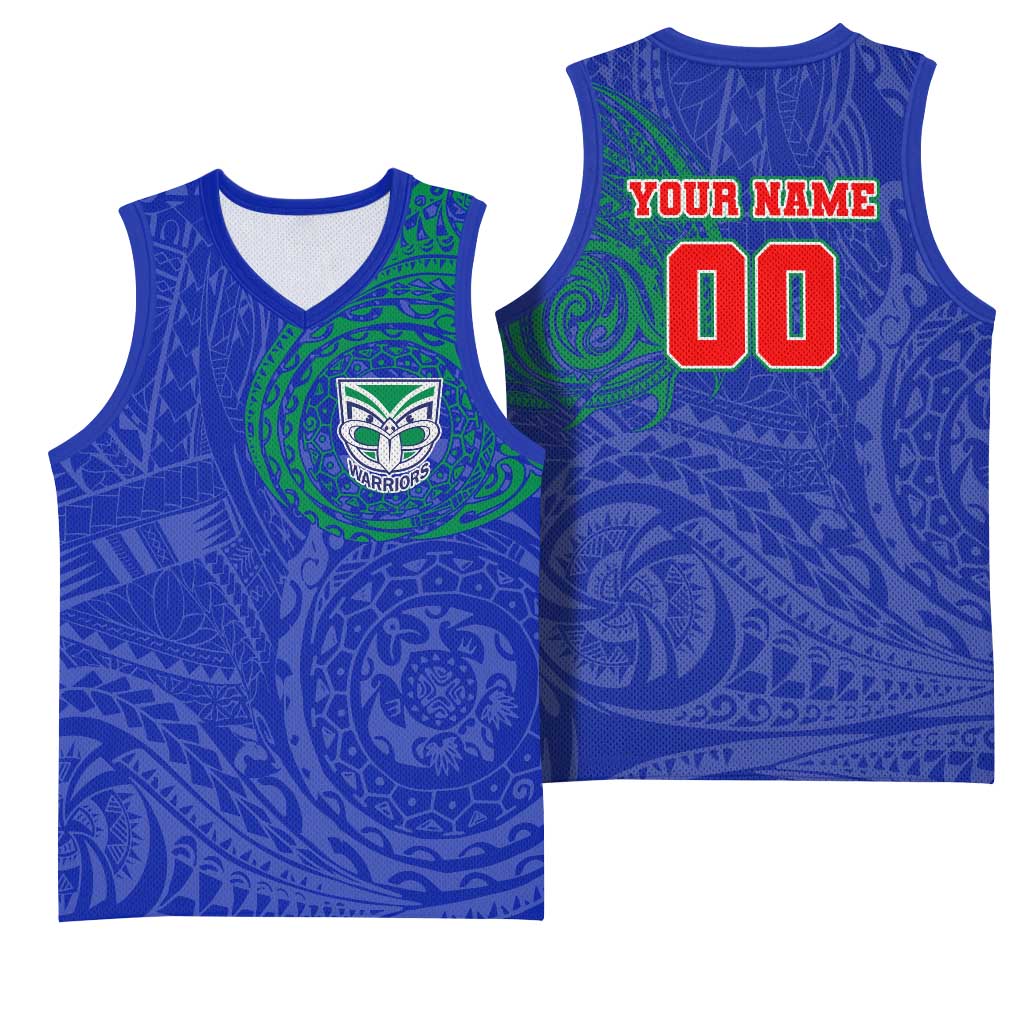 Personalized New Zealand Warriors Basketball Jersey Polynesian Tribal Chest and Sleeve Tattoo