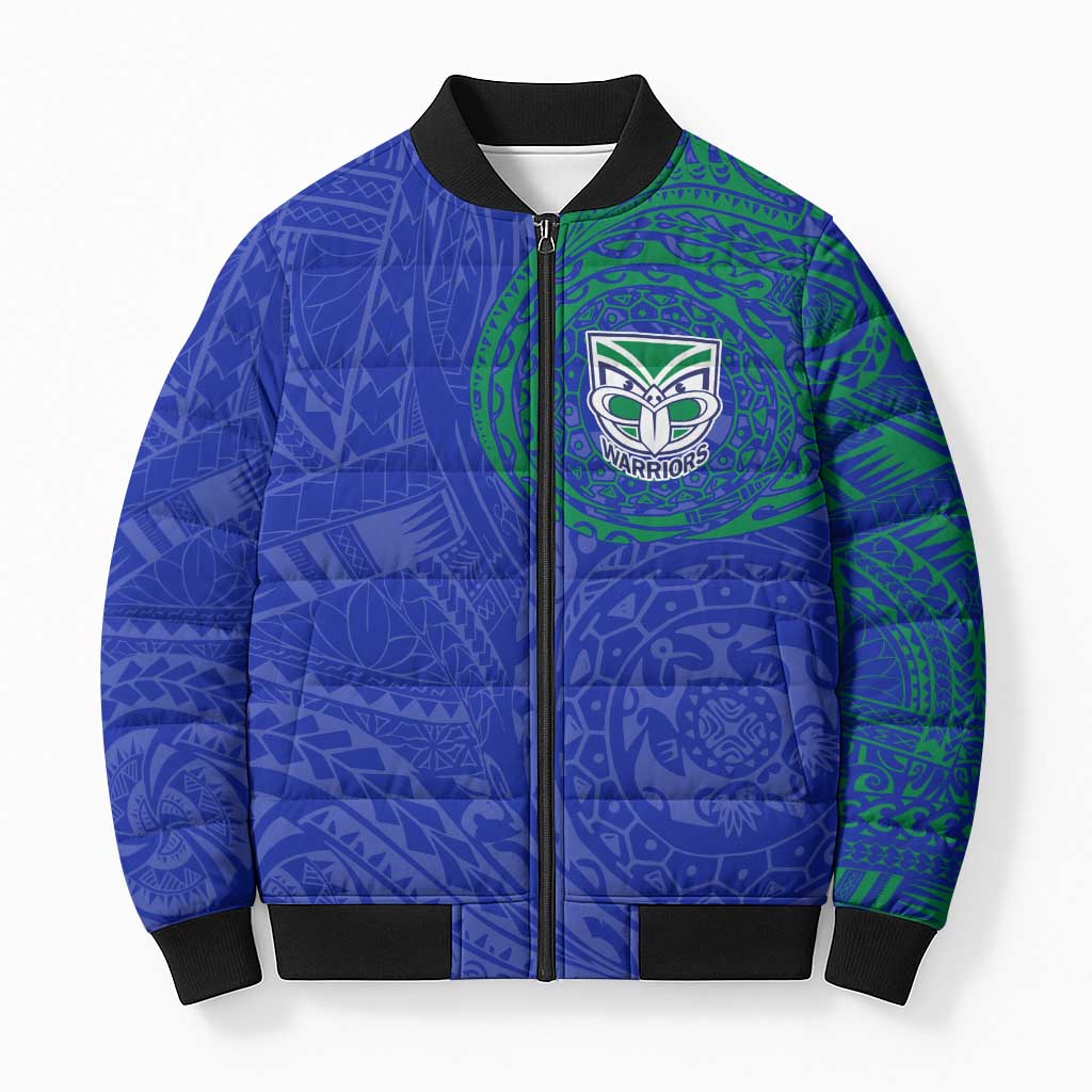 Personalized New Zealand Warriors Bomber Puffer Jacket Polynesian Tribal Chest and Sleeve Tattoo