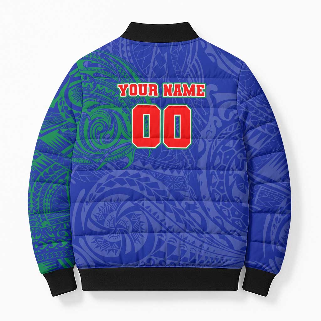 Personalized New Zealand Warriors Bomber Puffer Jacket Polynesian Tribal Chest and Sleeve Tattoo