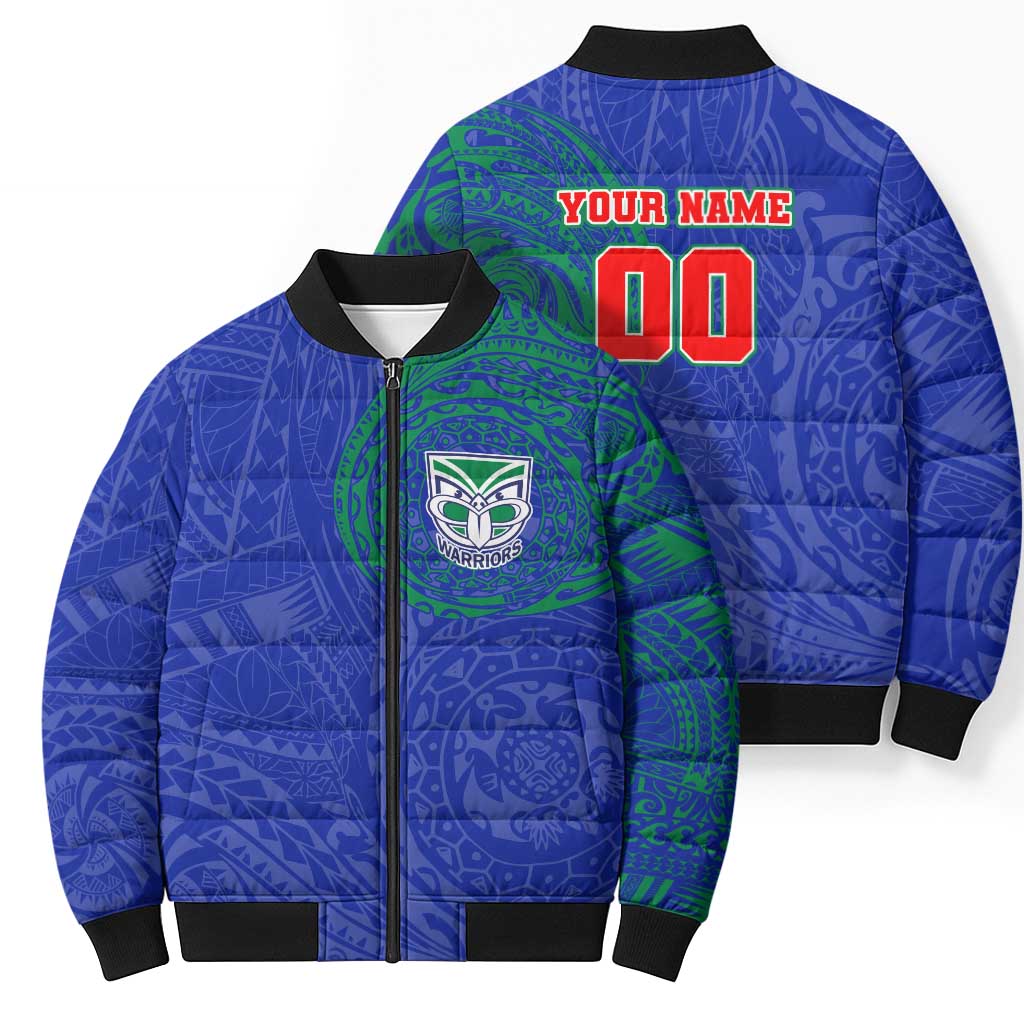 Personalized New Zealand Warriors Bomber Puffer Jacket Polynesian Tribal Chest and Sleeve Tattoo