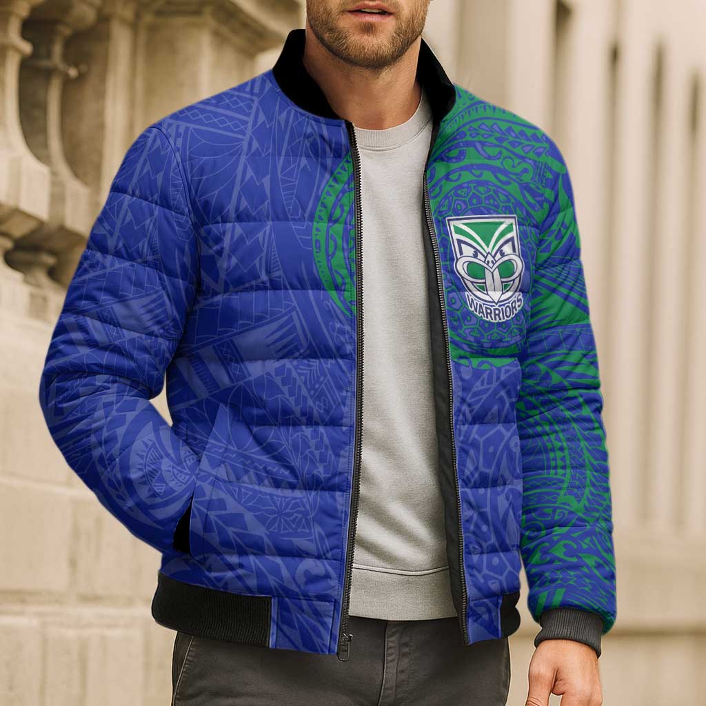 Personalized New Zealand Warriors Bomber Puffer Jacket Polynesian Tribal Chest and Sleeve Tattoo