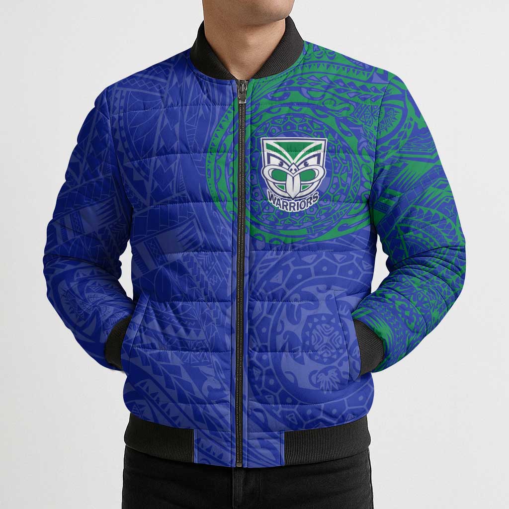 Personalized New Zealand Warriors Bomber Puffer Jacket Polynesian Tribal Chest and Sleeve Tattoo