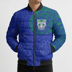 Personalized New Zealand Warriors Bomber Puffer Jacket Polynesian Tribal Chest and Sleeve Tattoo
