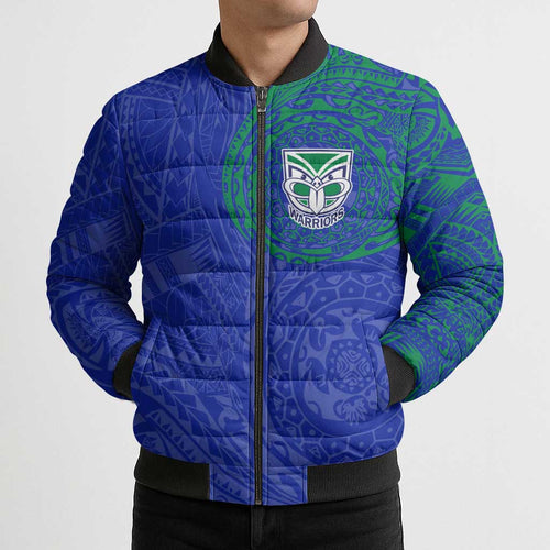 Personalized New Zealand Warriors Bomber Puffer Jacket Polynesian Tribal Chest and Sleeve Tattoo