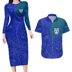 Personalized New Zealand Warriors Couples Matching Long Sleeve Bodycon Dress and Hawaiian Shirt Polynesian Tribal Chest and Sleeve Tattoo
