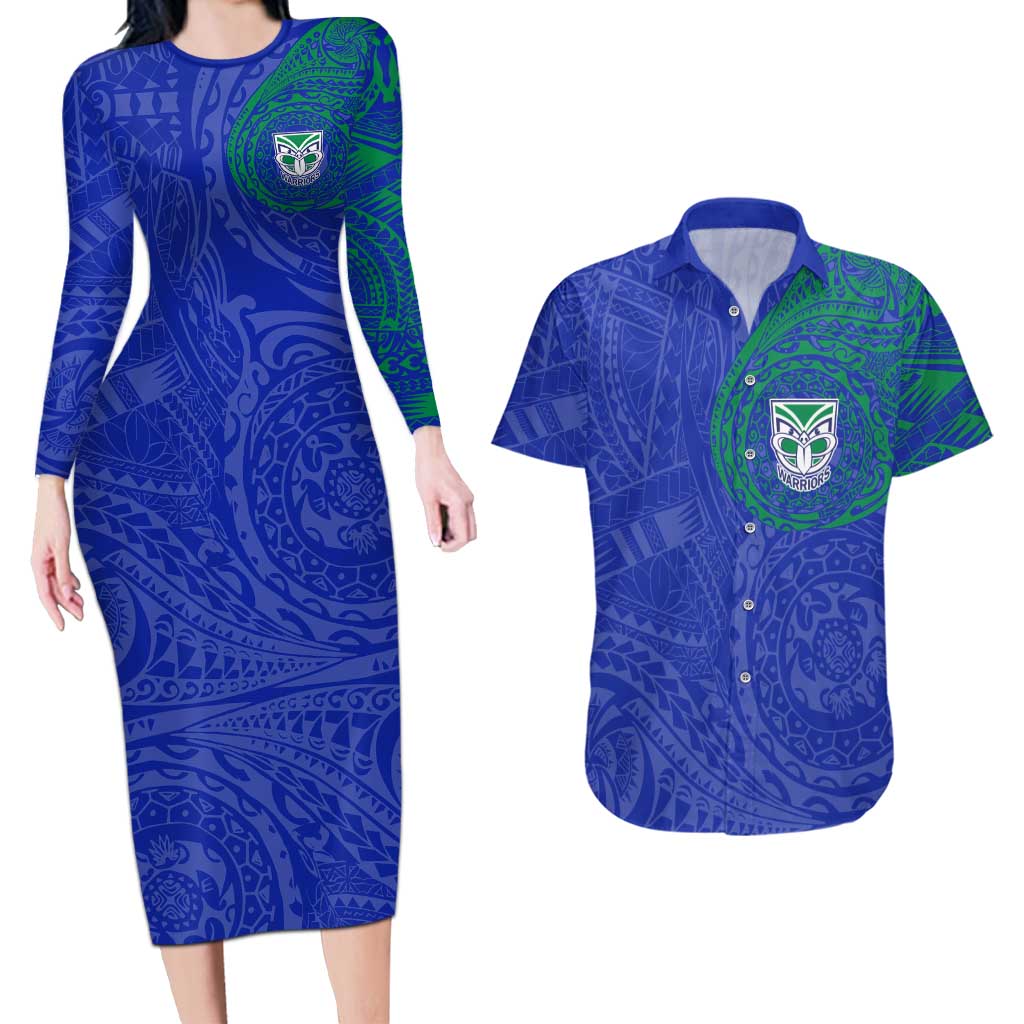Personalized New Zealand Warriors Couples Matching Long Sleeve Bodycon Dress and Hawaiian Shirt Polynesian Tribal Chest and Sleeve Tattoo