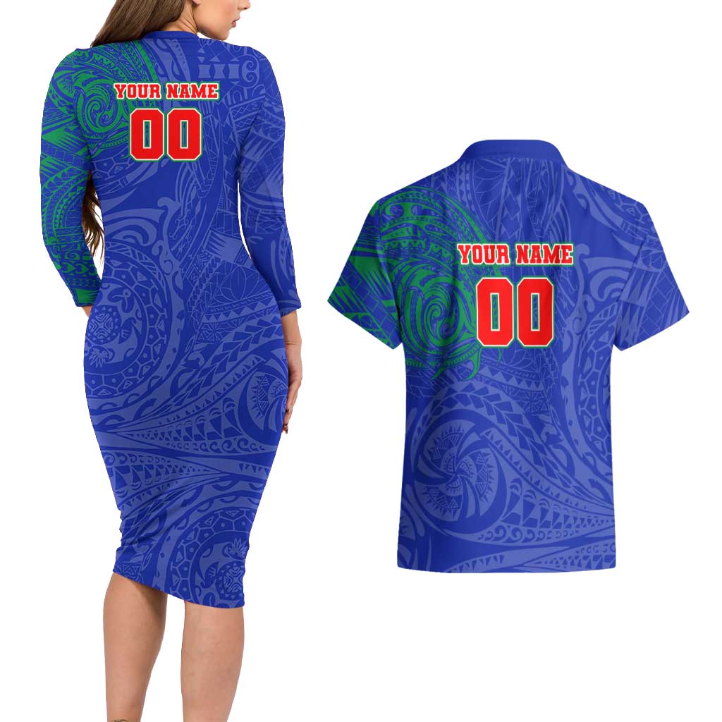 Personalized New Zealand Warriors Couples Matching Long Sleeve Bodycon Dress and Hawaiian Shirt Polynesian Tribal Chest and Sleeve Tattoo