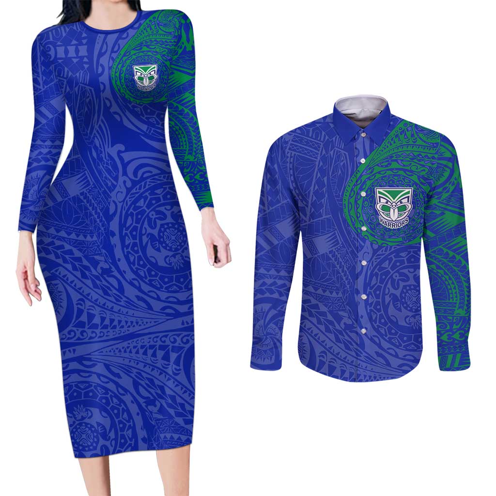 Personalized New Zealand Warriors Couples Matching Long Sleeve Bodycon Dress and Long Sleeve Button Shirt Polynesian Tribal Chest and Sleeve Tattoo