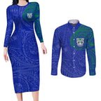 Personalized New Zealand Warriors Couples Matching Long Sleeve Bodycon Dress and Long Sleeve Button Shirt Polynesian Tribal Chest and Sleeve Tattoo