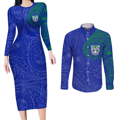 Personalized New Zealand Warriors Couples Matching Long Sleeve Bodycon Dress and Long Sleeve Button Shirt Polynesian Tribal Chest and Sleeve Tattoo