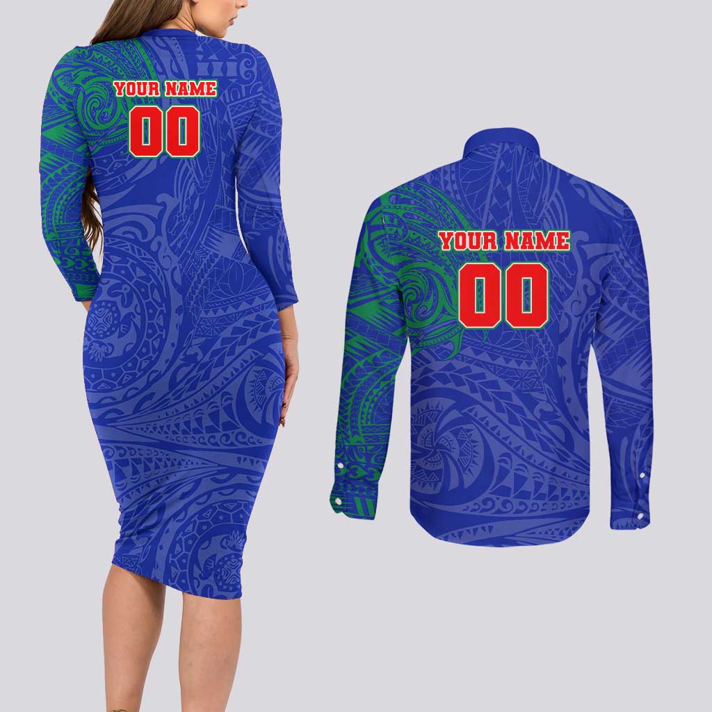 Personalized New Zealand Warriors Couples Matching Long Sleeve Bodycon Dress and Long Sleeve Button Shirt Polynesian Tribal Chest and Sleeve Tattoo
