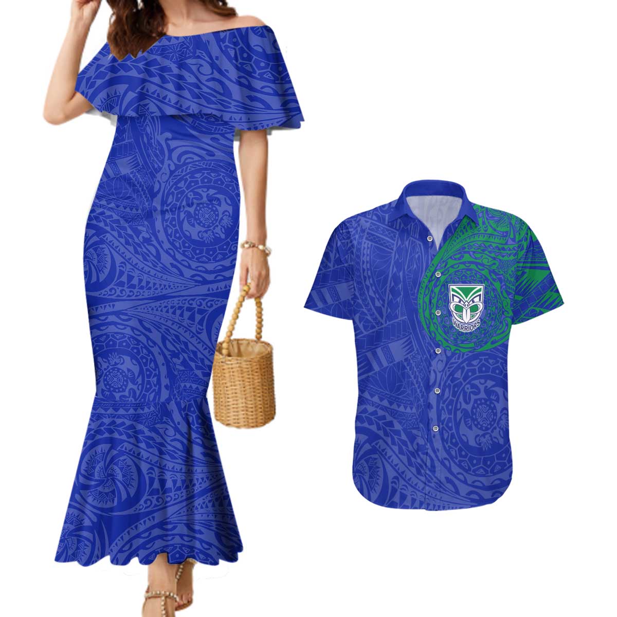Personalized New Zealand Warriors Couples Matching Mermaid Dress and Hawaiian Shirt Polynesian Tribal Chest and Sleeve Tattoo