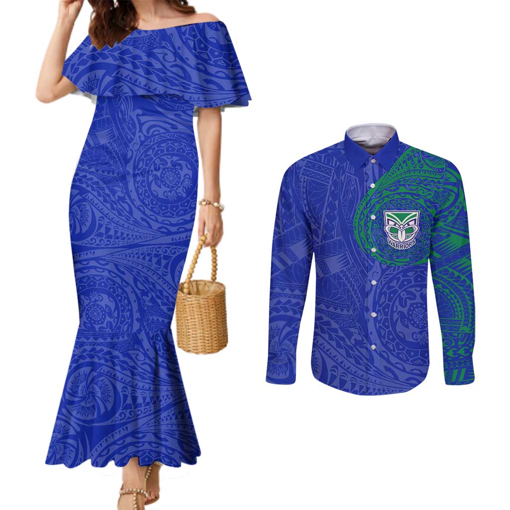 Personalized New Zealand Warriors Couples Matching Mermaid Dress and Long Sleeve Button Shirt Polynesian Tribal Chest and Sleeve Tattoo