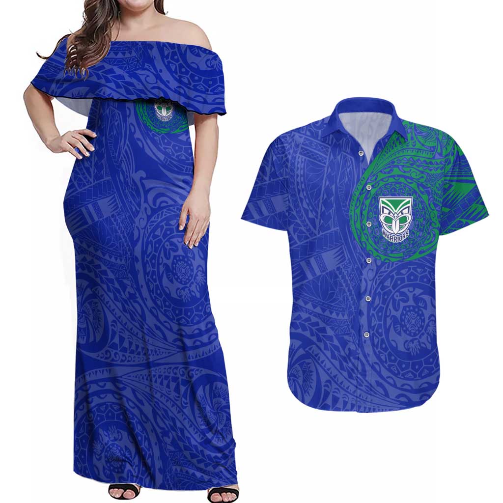 Personalized New Zealand Warriors Couples Matching Off Shoulder Maxi Dress and Hawaiian Shirt Polynesian Tribal Chest and Sleeve Tattoo