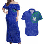 Personalized New Zealand Warriors Couples Matching Off Shoulder Maxi Dress and Hawaiian Shirt Polynesian Tribal Chest and Sleeve Tattoo