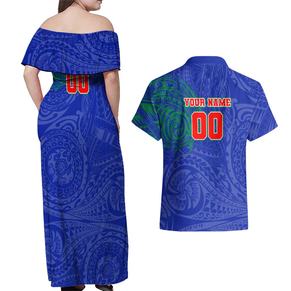 Personalized New Zealand Warriors Couples Matching Off Shoulder Maxi Dress and Hawaiian Shirt Polynesian Tribal Chest and Sleeve Tattoo