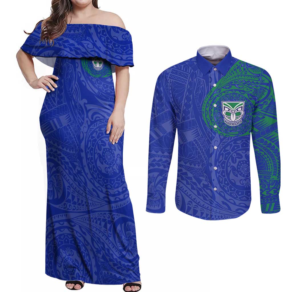 Personalized New Zealand Warriors Couples Matching Off Shoulder Maxi Dress and Long Sleeve Button Shirt Polynesian Tribal Chest and Sleeve Tattoo