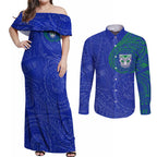 Personalized New Zealand Warriors Couples Matching Off Shoulder Maxi Dress and Long Sleeve Button Shirt Polynesian Tribal Chest and Sleeve Tattoo