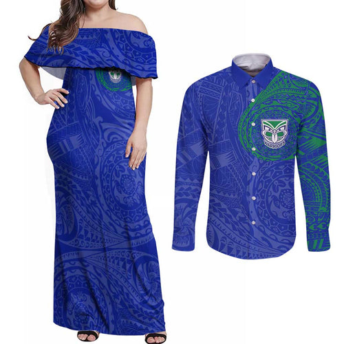 Personalized New Zealand Warriors Couples Matching Off Shoulder Maxi Dress and Long Sleeve Button Shirt Polynesian Tribal Chest and Sleeve Tattoo