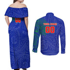 Personalized New Zealand Warriors Couples Matching Off Shoulder Maxi Dress and Long Sleeve Button Shirt Polynesian Tribal Chest and Sleeve Tattoo